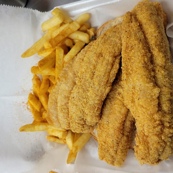 Three golden-brown fried fish fillets and a pile of seasoned french fries in a white container.